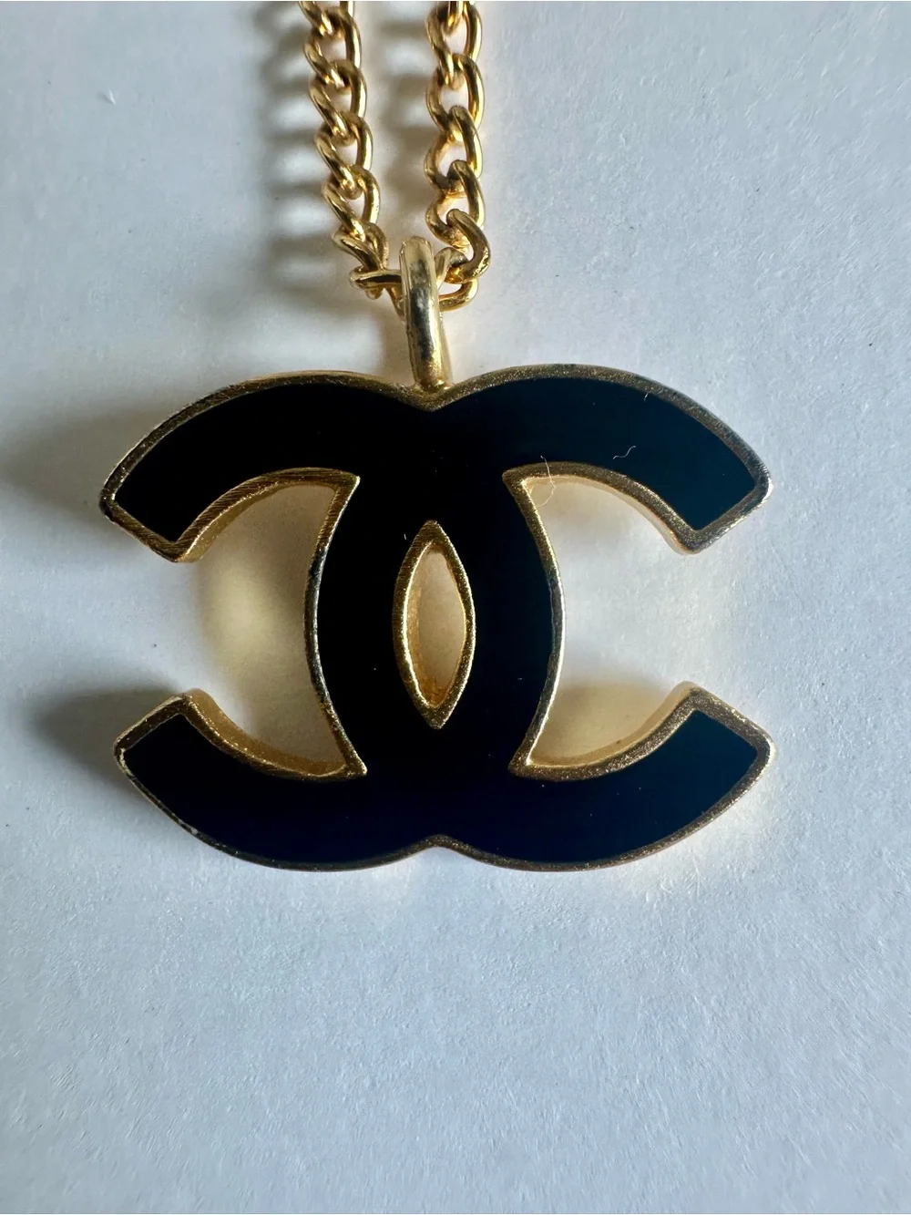 Vintage CHANEL 02A Black Enamel Gold CC Logo Pendant Necklace